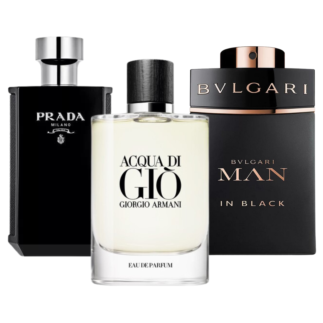 Kit de 3 perfumes Bvlgari In Black, Giorgio Armani Acqua Di Gio, e L'Homme Prada Intense 100ml